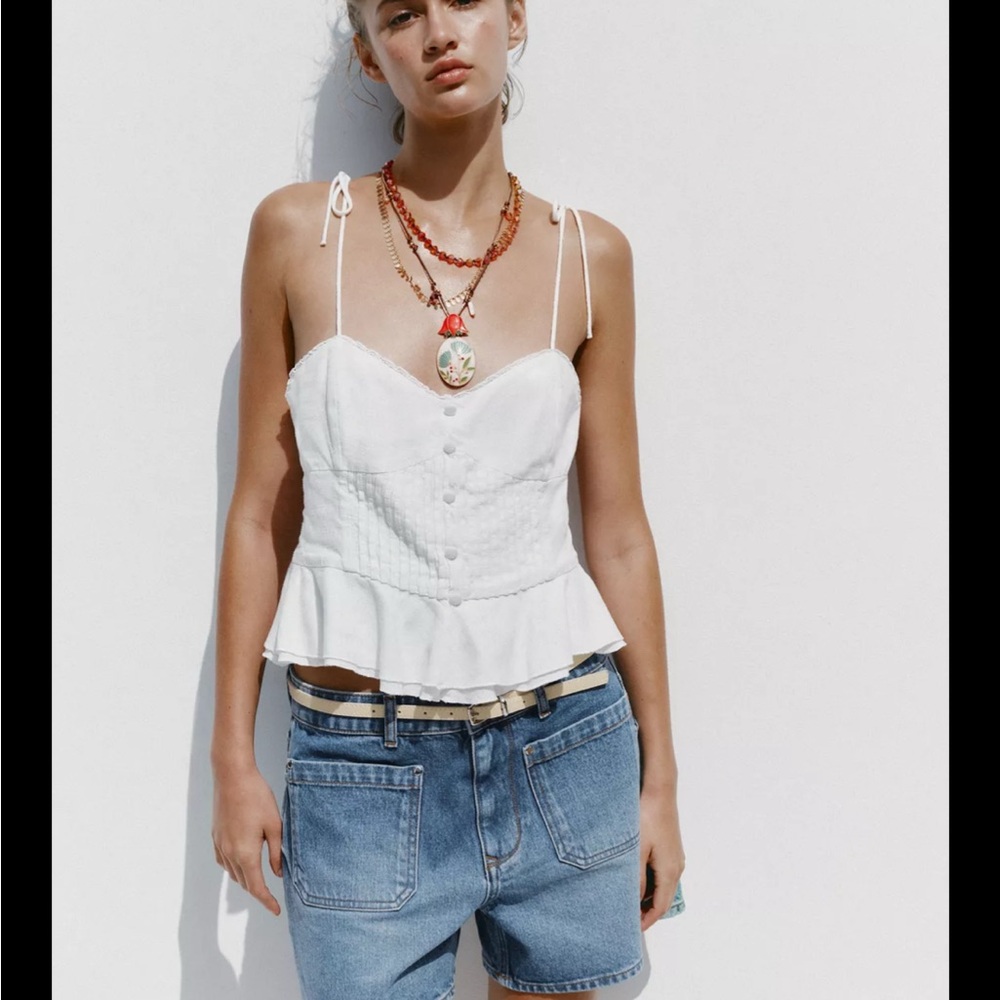 Zara White Romantic Linen Crop Top